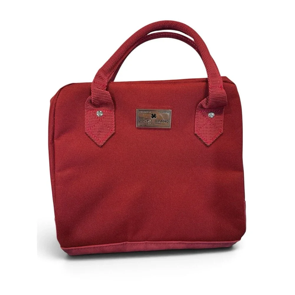 Lucky Brand Red Insulated Lunch Bag Tote Box Cooler Flat Bottom Foldable Travel